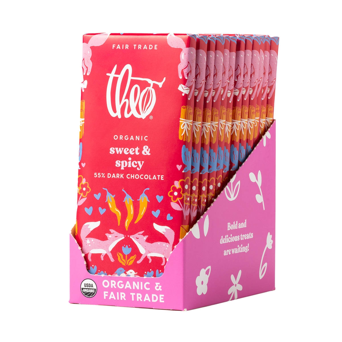 Box of 12 Theo Organic sweet & spicy 55% dark chocolate bars on a white background