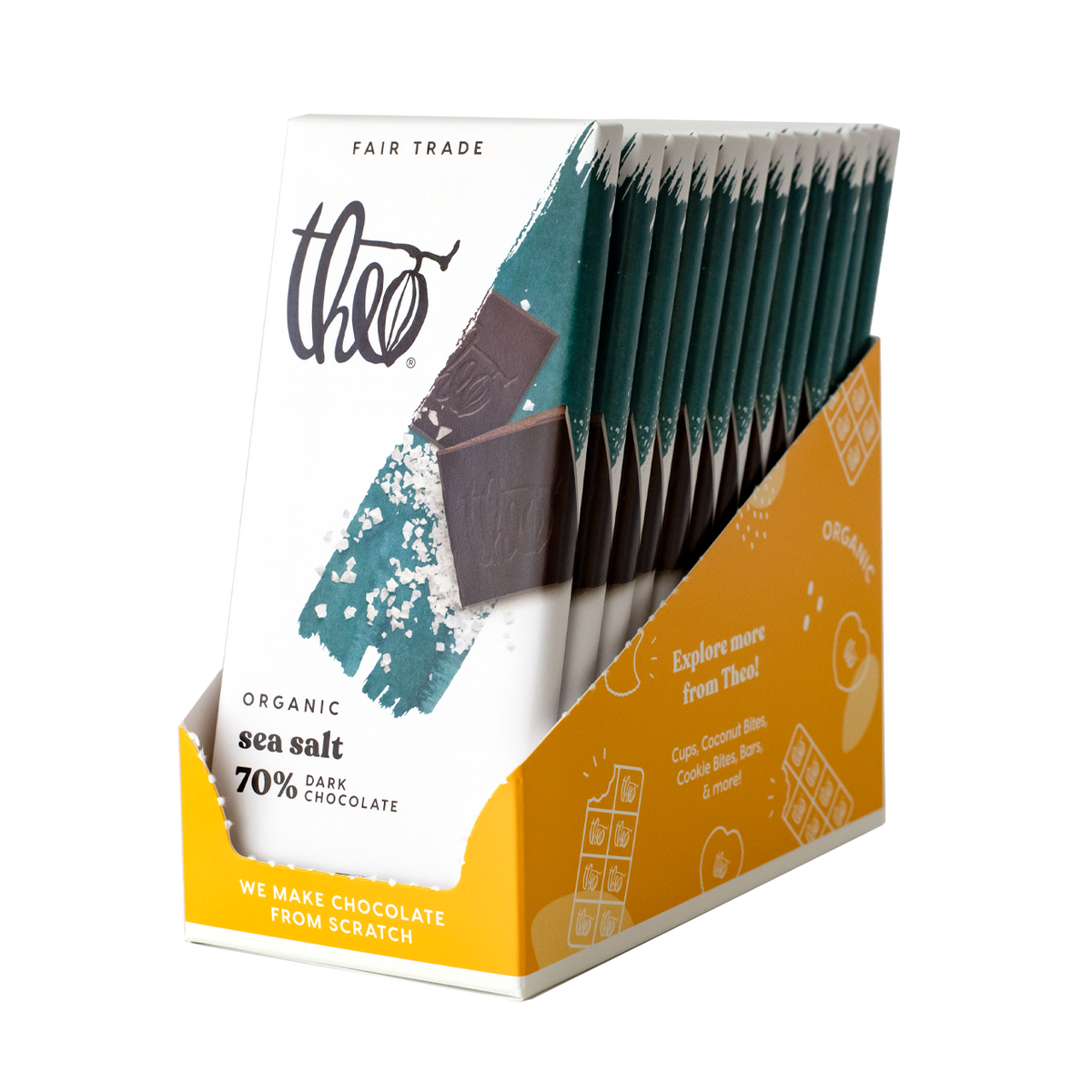 Box of 12 Theo Organic sea salt dark chocolate bars on a white background