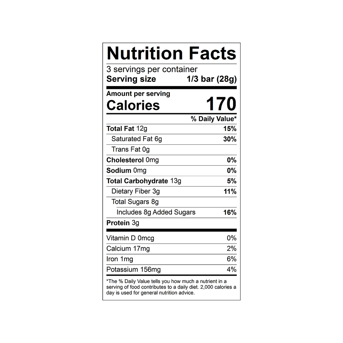 Nutrition facts label for a Theo Organic Coconut Almond 70% Dark Chocolate Bar