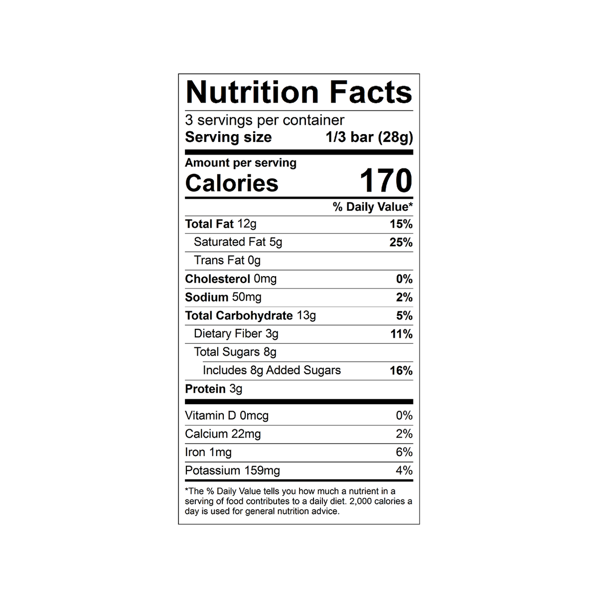 Nutrition facts label for a Theo Organic Salted Almond 70% Dark Chocolate bar