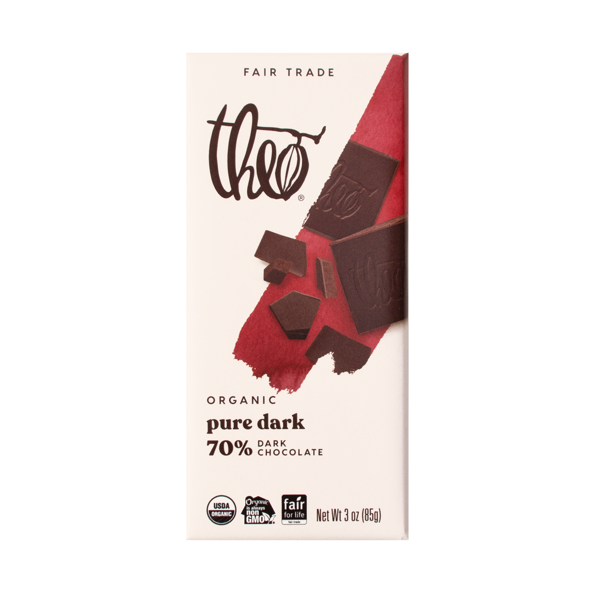 Theo Organic pure dark 70% dark chocolate bar packaging on a white background
