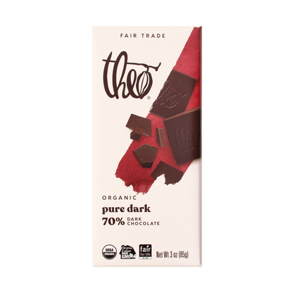 Theo Organic pure dark 70% dark chocolate bar packaging on a white background
