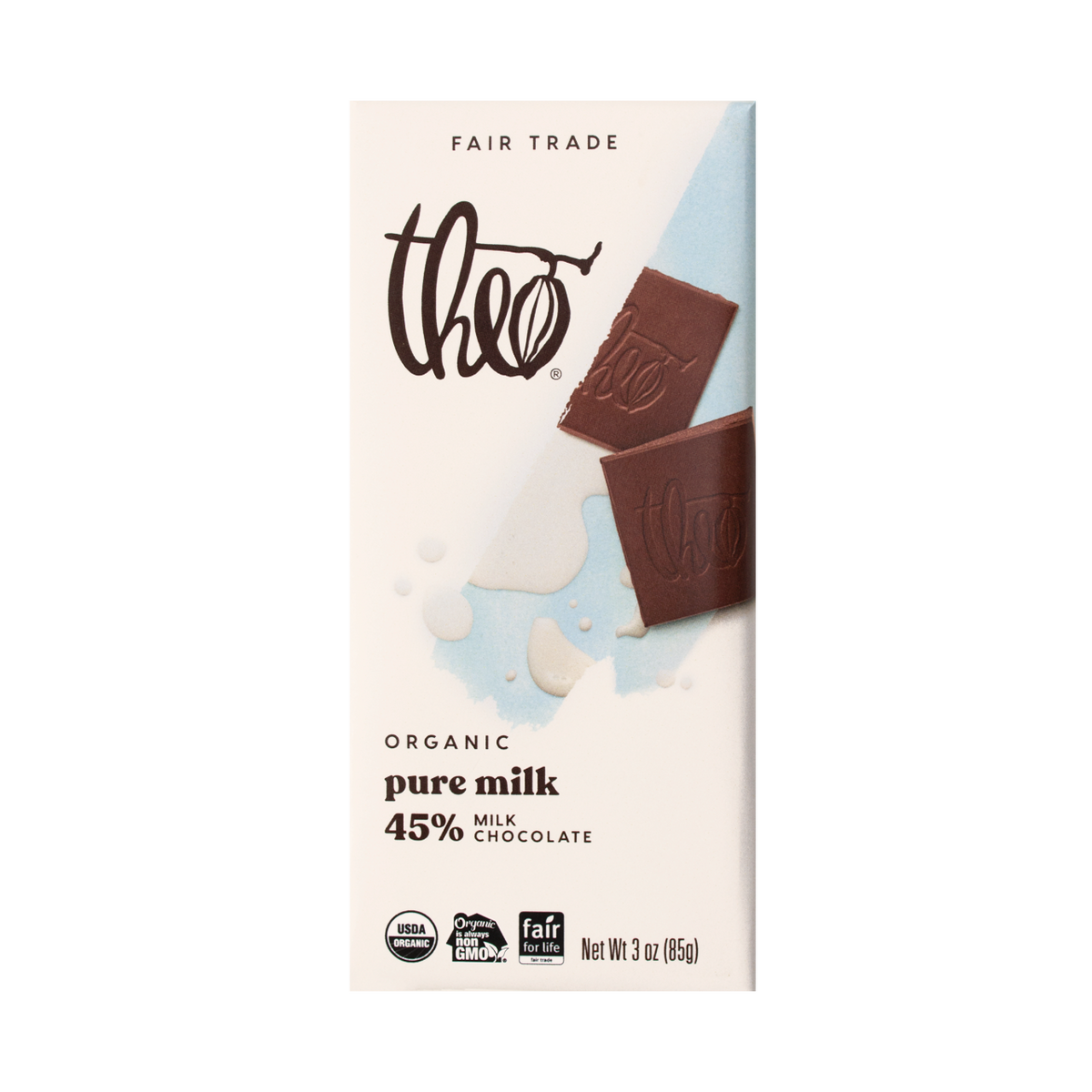 Theo Organic pure milk 45% chocolate bar packaging on a white background