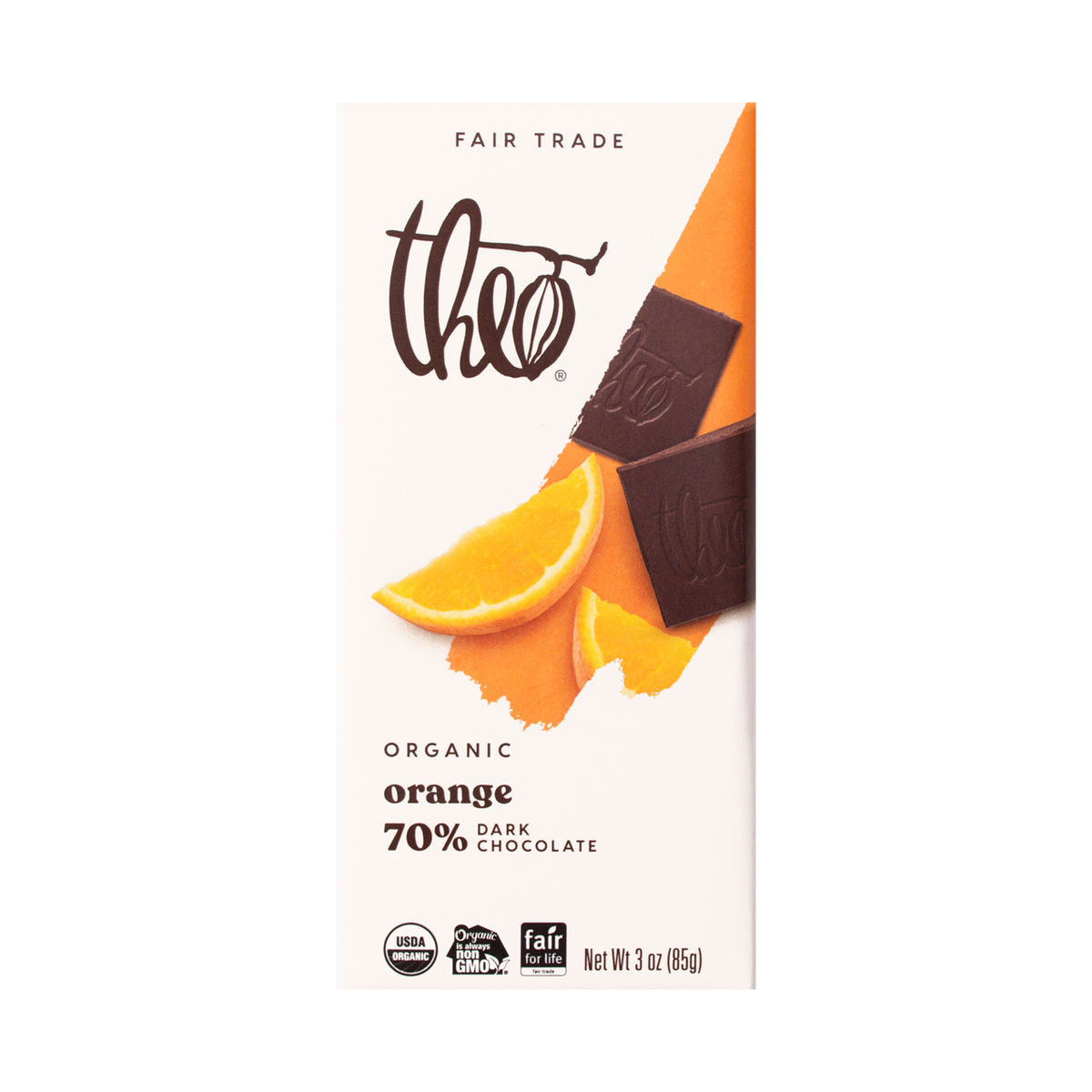 Theo Organic Orange 70% Dark Chocolate bar packaging on a white background