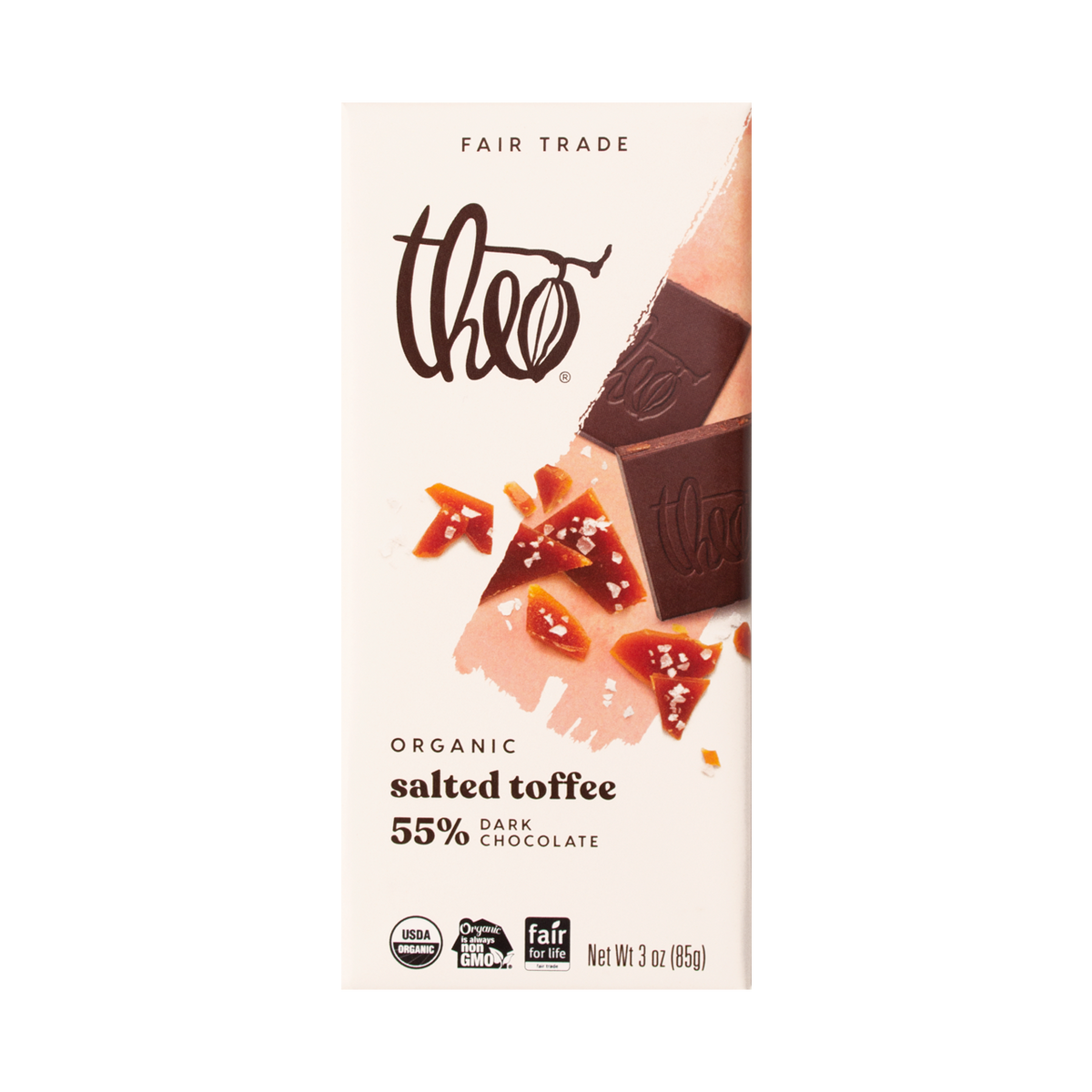 Theo salted toffee 55% dark chocolate bar packaging on a white background