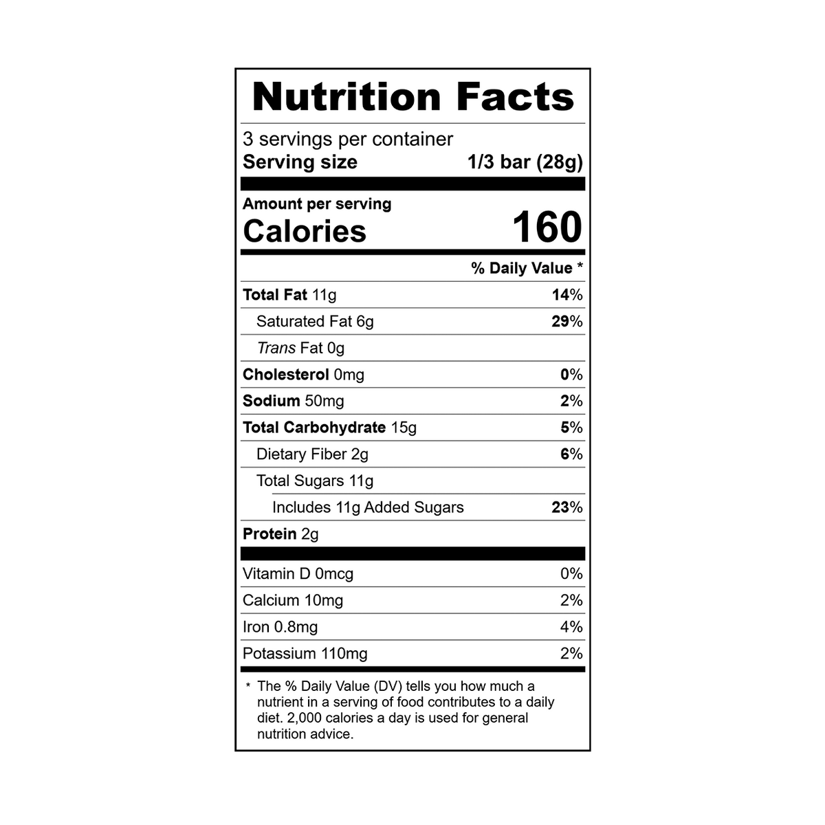 Nutrition facts label for Theo almond brittle crunch 55% dark chocolate bar