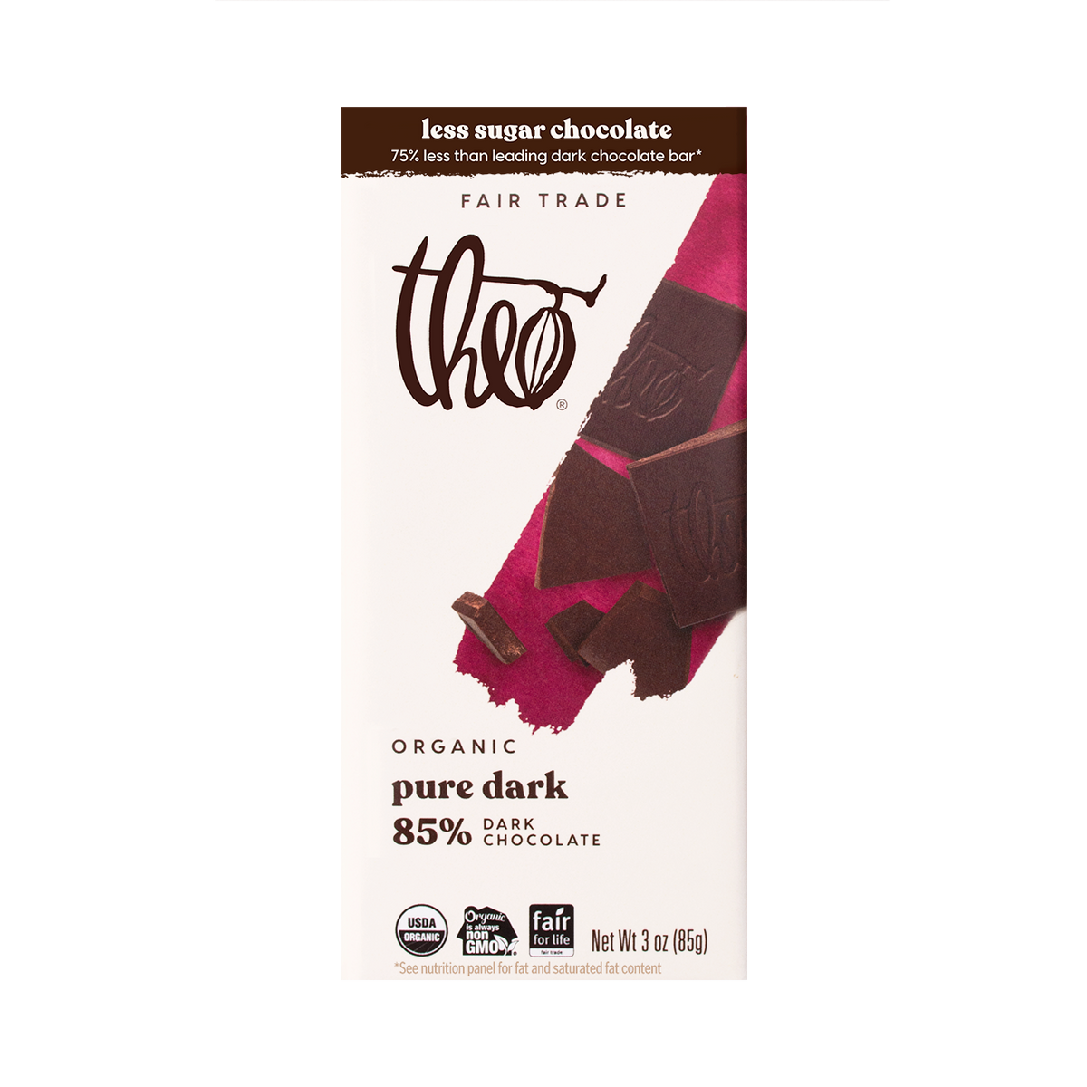Theo organic pure dark 85% chocolate bar packaging on a white background