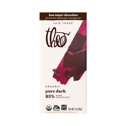 Theo organic pure dark 85% chocolate bar packaging on a white background