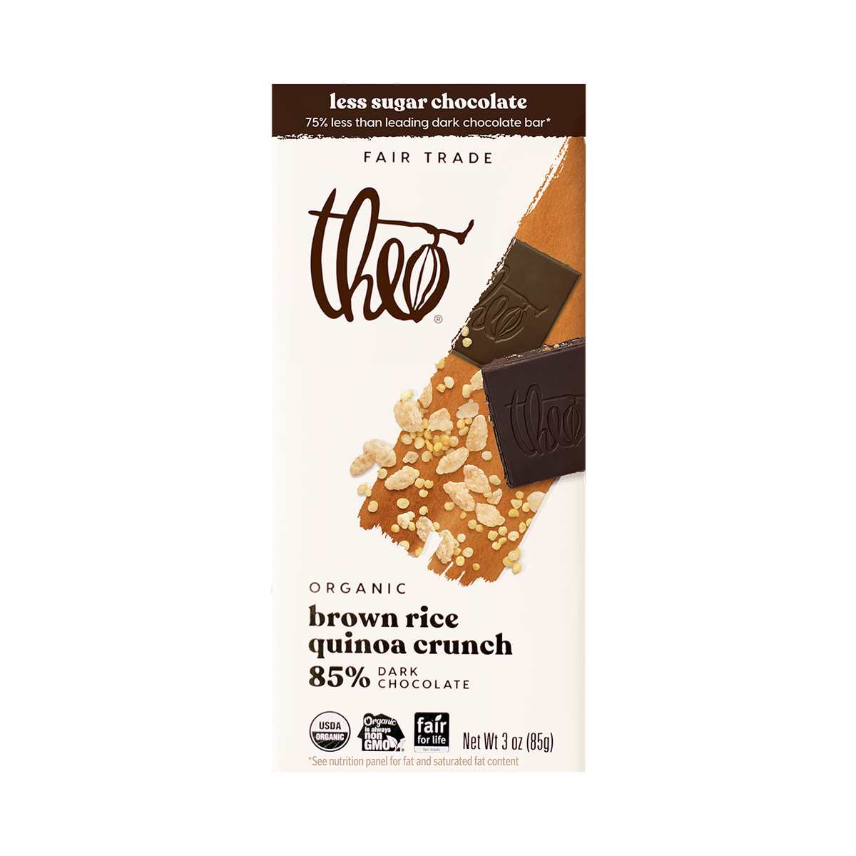 Theo brown rice quinoa crunch 85% dark chocolate bar packaging on a white background