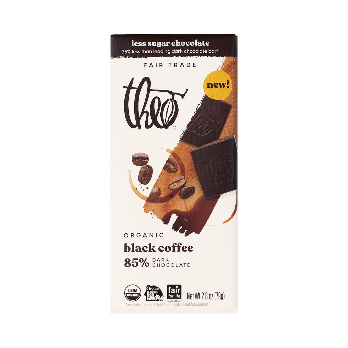 Theo Organic Black Coffee 85% Dark Chocolate bar, front of packaging 