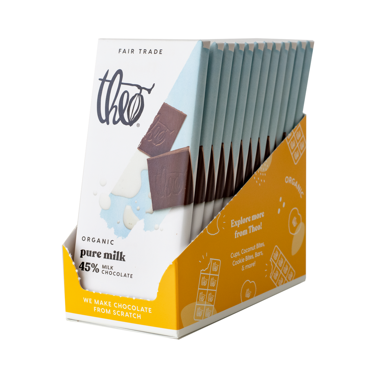 Box of 12 Theo Organic pure milk chocolate bars on a white background