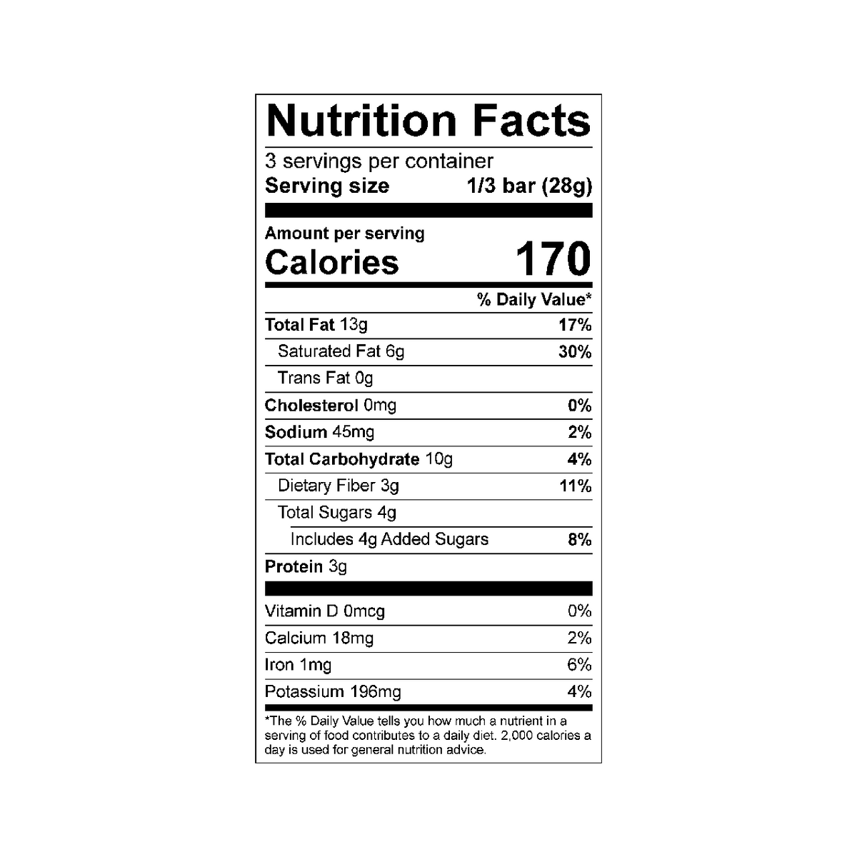 Nutrition facts label for Theo salted cashew 85% dark chocolate bar