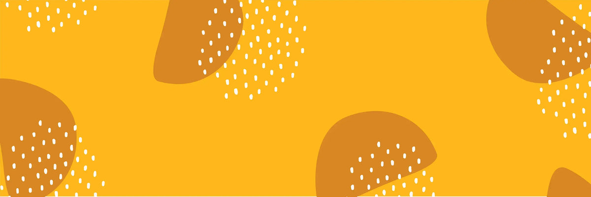 Abstract pattern of orange shapes and white dots on a yellow background